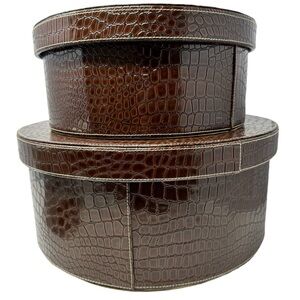 2 Vintage Faux Croc Brown Animal Print Round Hat Stackable Storage